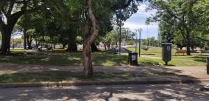 圣达菲Hotel Hostal Caballito Blanco的公园里长着长椅和树的公园