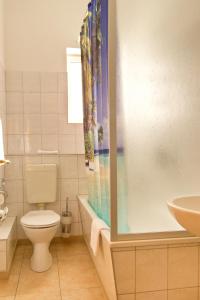 耶拿图林根霍夫酒店 的浴室配有卫生间、淋浴和盥洗盆。