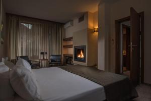 班斯科乌尼卡托精品酒店 的酒店客房配有一张床和一个壁炉。