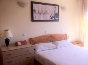 洛索亚河畔布伊特拉戈马德里巴黎旅馆的卧室配有一张床,墙上挂着一幅画