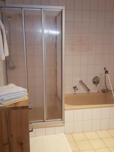 马克特谢伦贝格Ferienwohnung Lenz的带淋浴和浴缸的浴室