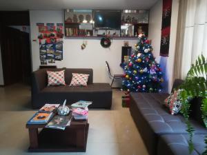 里奥班巴Hostal Alborada Riobamba的客厅配有圣诞树和沙发