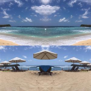 金巴兰巴厘岛舞蹈山峰美式旅馆的两张海滩照片,带椅子和遮阳伞