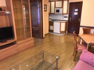 莱昂希格罗二十一公寓式酒店的带沙发和桌子的客厅以及厨房。