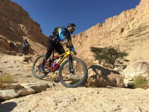 埃利法兹Elifaz Desert Experience Holiday的骑着自行车在沙漠中的人