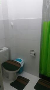 大坎普市Condominio casas do campo的浴室设有卫生间和绿色淋浴帘。