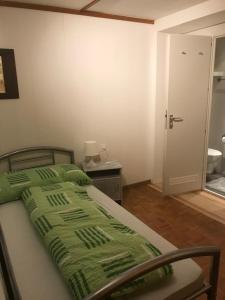 坎德格伦德费尔森堡餐厅宾馆的一间卧室配有一张带绿毯的床
