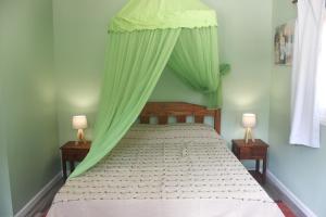 拉帕洛马Pinocha Point Bungalows的一间卧室配有一张带绿篷的床