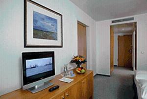 奥拉宁堡奥兰尼恩堡斯塔德特酒店的客厅配有木桌上的电视