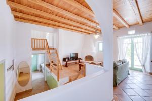 纳乌萨Naoussa Bay Villas的大型客厅设有木制天花板
