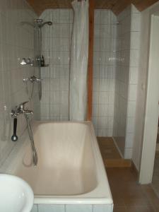 洛门Schloßblick的浴室配有白色浴缸和水槽