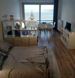 泽布吕赫Zeewende 18的客厅设有1间海景卧室