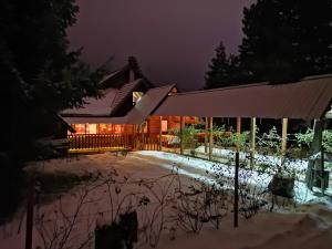 兹拉蒂博尔Guesthouse Ramović的夜晚雪中的房子