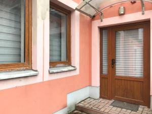 米特韦达Appartment Mittweida的粉红色的房子,设有木门和2扇窗户