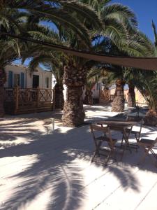 弗龙蒂尼昂FLAMANTS ROSES 3的一个带棕榈树和桌椅的庭院