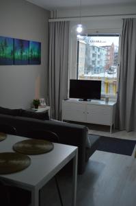 罗瓦涅米Aurora Haven Rovaniemi Modern DT Apartment -Self Check-In & Free Wifi-的带沙发和平面电视的客厅