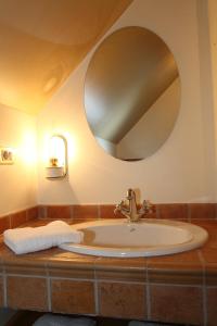 克拉尼斯卡戈拉Kronau Chalet Resort的一间带水槽和圆镜子的浴室