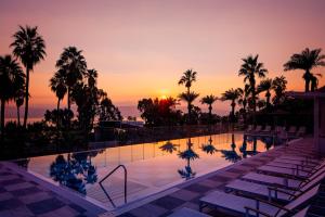 提比里亚基内瑞特湖畔别墅酒店的棕榈树泳池和日落背景