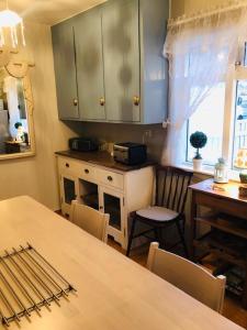 Foss a Sidu哈姆拉福斯度假屋的厨房配有桌椅和橱柜。