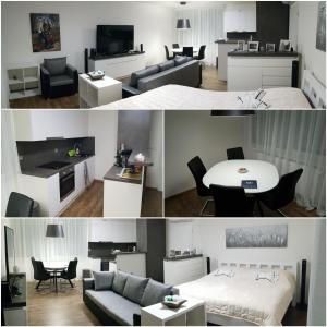 布拉格G support apartment的客厅以及带沙发和桌子的卧室。