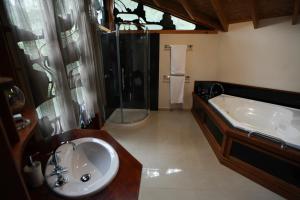 霍尔斯加普The Lodges的浴室配有水槽、淋浴和浴缸。