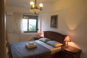 阿基欧斯尼古拉斯Holy Paraskevi Apartment的一间卧室配有一张带两盏灯的床和一扇窗户。