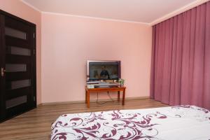 苏梅VIP Apartments Faraon on Kharkovskaya 5 floor的一间卧室配有一张床和一张桌子上的电视