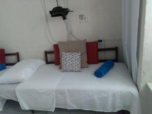 桑托斯Apartamento Studio ao Lado da Praia com Wi-Fi e TV Smart的一张床上有两个枕头的房间