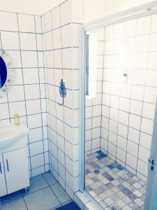 吕德里茨Kairos Cottage B&B的带淋浴的浴室和白色瓷砖墙壁