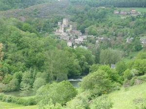 贝尔卡斯泰chambre d'hôtes Cadravals Belcastel Aveyron的享有远处河流和城堡的空中景致