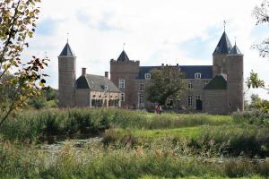 东卡佩勒Bed & Breakfast Zeeduinsepoort的一座拥有两座塔楼和池塘的古老城堡