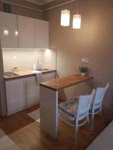 尼赖吉哈佐Lia Apartman的厨房配有桌椅和水槽。