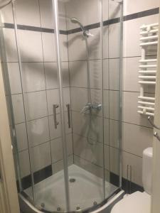普什奇纳Apartament Na Starówce VII的浴室里设有玻璃门淋浴