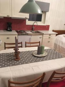 弗加尔巴卡Långesjö lillstuga的厨房配有桌子和桌布