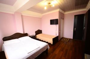 巴统Hotel Peria的一间卧室设有两张床,墙上配有电视。