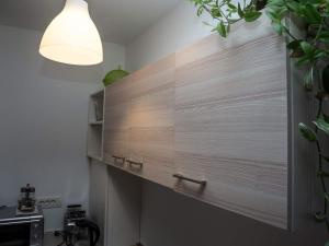 卡尔洛瓦茨Apartment Dubovac的厨房设有木墙和窗户