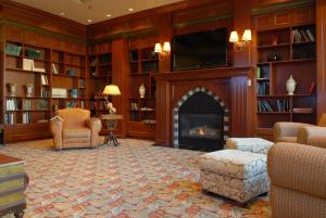 蒙特朗布朗御峰园德内格斯酒店的客厅设有壁炉和电视。