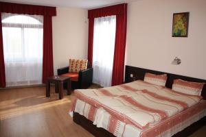 伊瓦伊洛夫格勒Armira Family Hotel的一间卧室配有一张床、一把椅子和窗户。