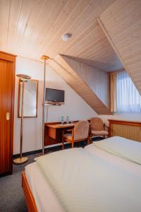 美因河畔法兰克福Concordia - Wohnen auf Zeit的酒店客房设有一张床、一张书桌和一台电视机。