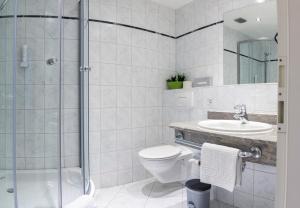 艾斯特维达威格斯酒店的带淋浴、卫生间和盥洗盆的浴室