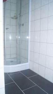 Sassenburg达能布特乡间别墅酒店的带淋浴的浴室和瓷砖地板。