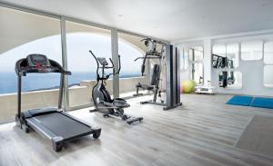 易莫洛林Dome Santorini Resort & Spa的健身房设有跑步机,健身房提供健身自行车