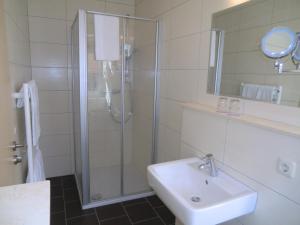塞巴特阿尔贝克德利亚维尔旅馆的带淋浴、盥洗盆和镜子的浴室