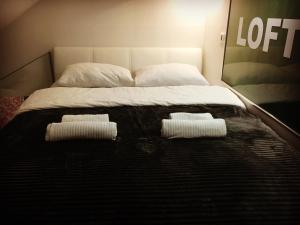 奥西耶克Loft Osijek的一张带两个枕头的床和两条毛巾
