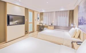 南京南京中山陵景区亚朵酒店的一间酒店客房,配有一张床和一台电视