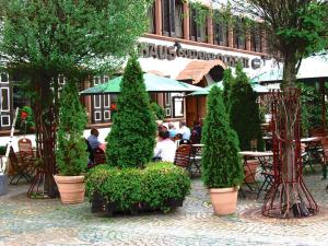 迈卡梅尔Hotel zum Goldenen Ochsen的庭院里种满了树木和桌子,人们坐在桌子上