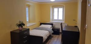 里马若夫Chata Na Kovárně的一间卧室设有两张床、一个梳妆台和窗户。