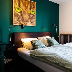 菲赫特B&B 'het Gripshuis'的一张床上,上面有一只猫的绿色眼睛的照片