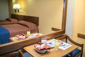 韦拉克鲁斯雅拉瓜酒店的酒店客房设有一张桌子、一张床和镜子