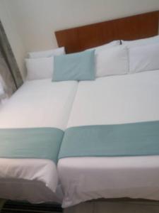 弗朗西斯敦Eros Guest Inn的一张带白色和蓝色枕头的床